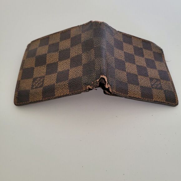 Vintage Louis Vuitton Men's LV Brown Bi-Fold Damier Leather Wallet Damaged Fair - Picture 11 of 14